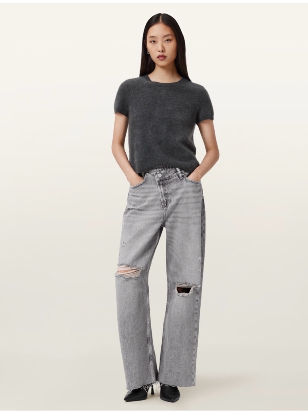 All Saints AKI Mid Rise Crossover Gray Distressed Wide-Leg Jeans Medium size 29